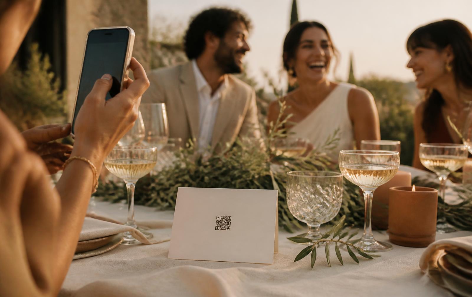 Wedding guests laughing around a candlelit table while a friend photographs the moment