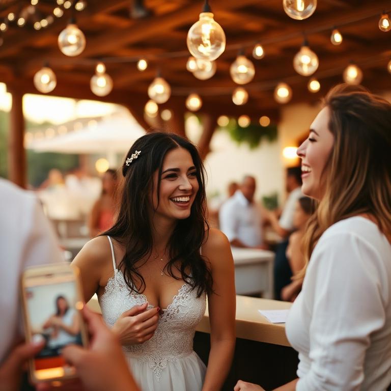 Two friends laughing together at an outdoor wedding beneath string lights