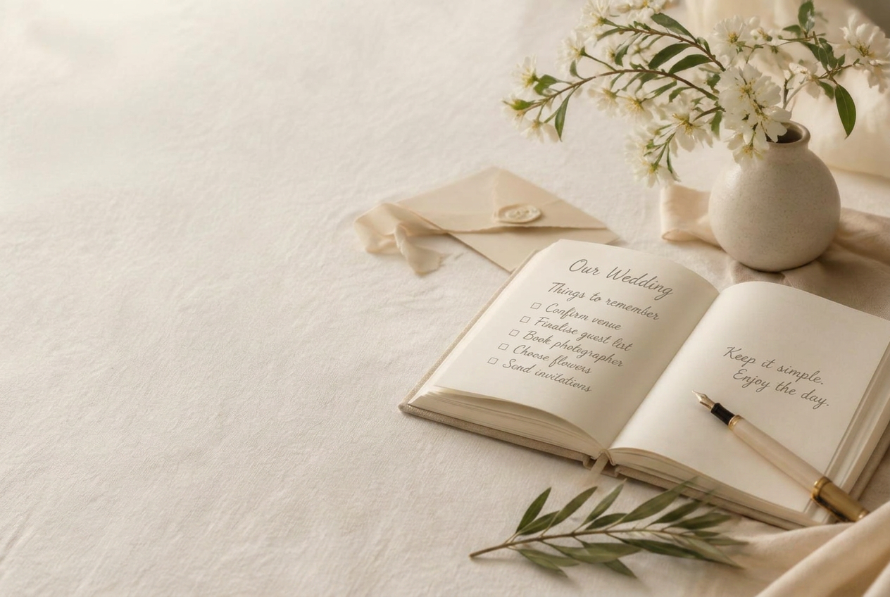 An open linen wedding planning journal with a pen, olive sprig and invitation card on ivory linen