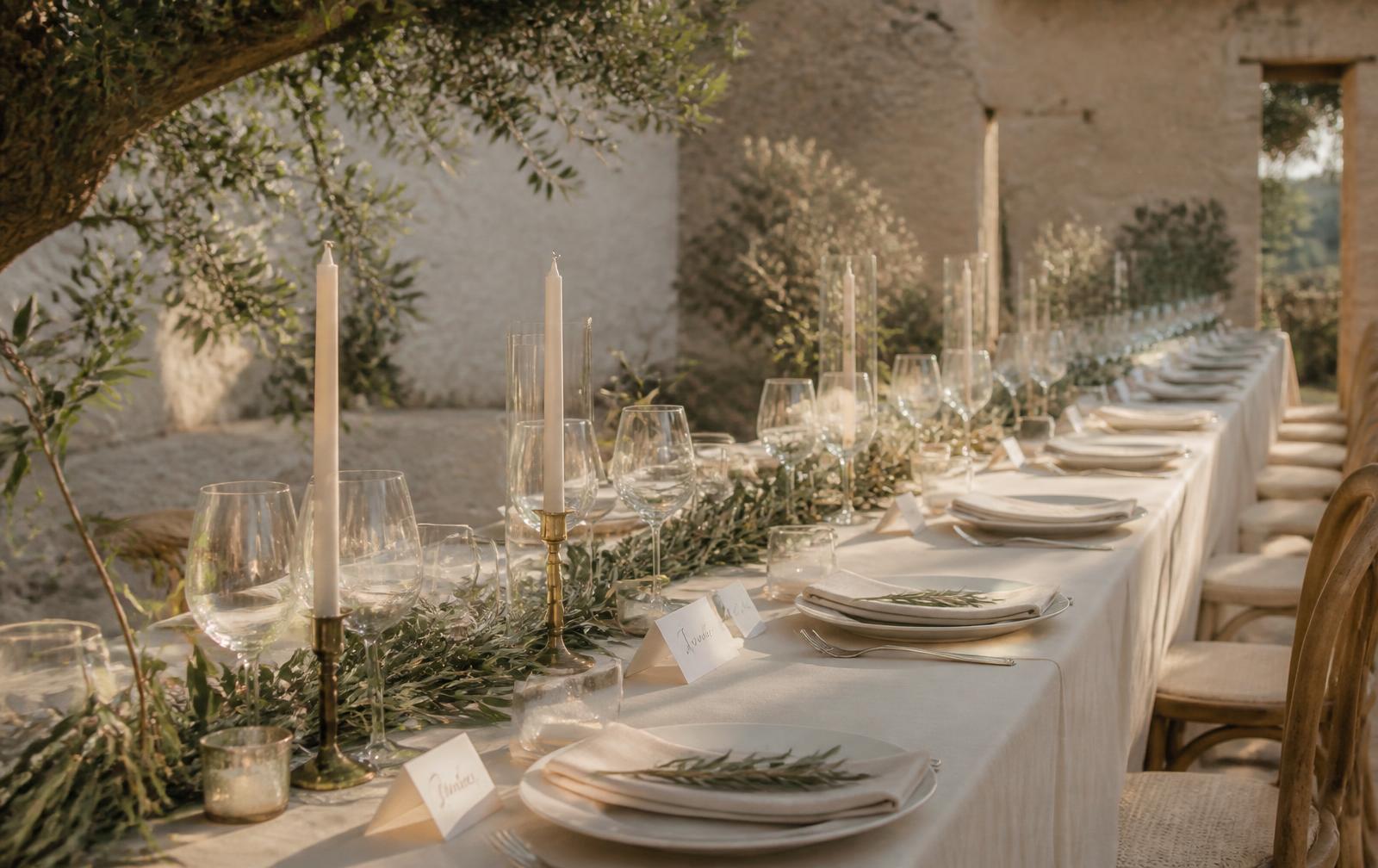 Long Mediterranean wedding banquet table set with linen, candles, olive branches and place cards
